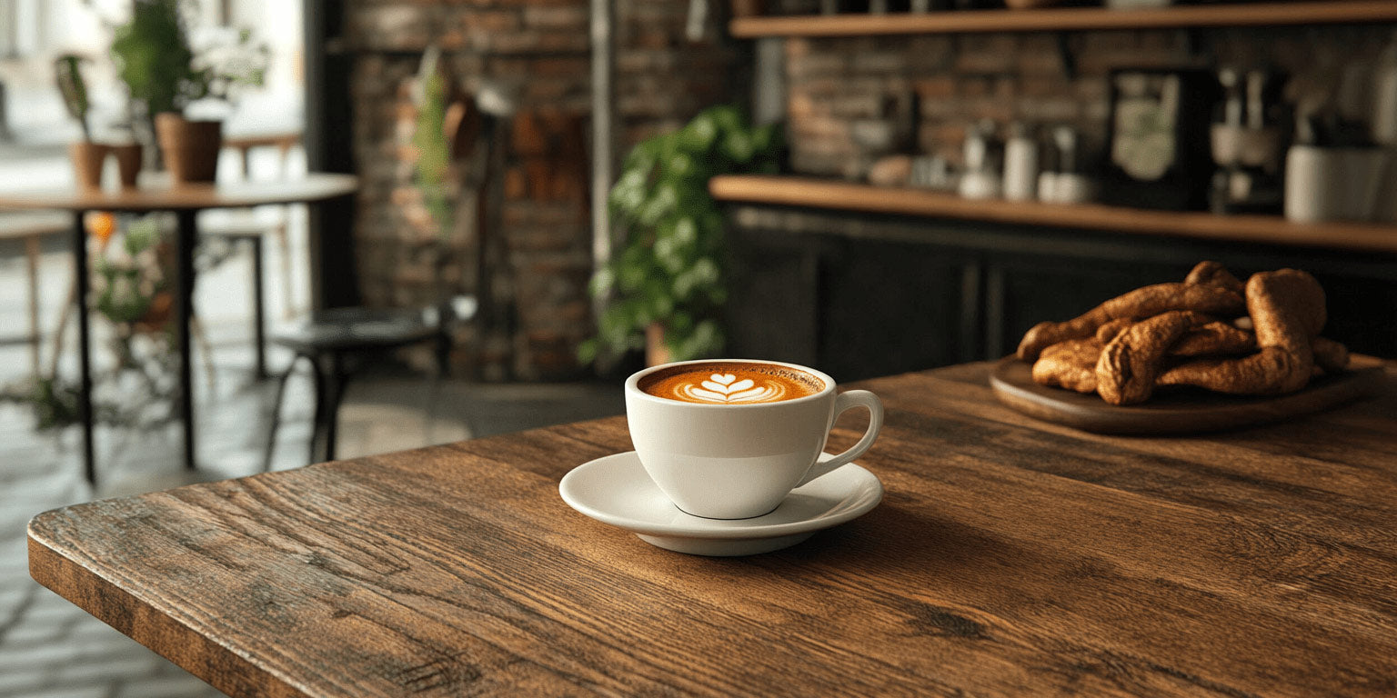 A cup of cappuccino with latte art sits on a wooden table beside a plate of pastries in a cozy café, featuring rustic brick walls and blurred greenery.