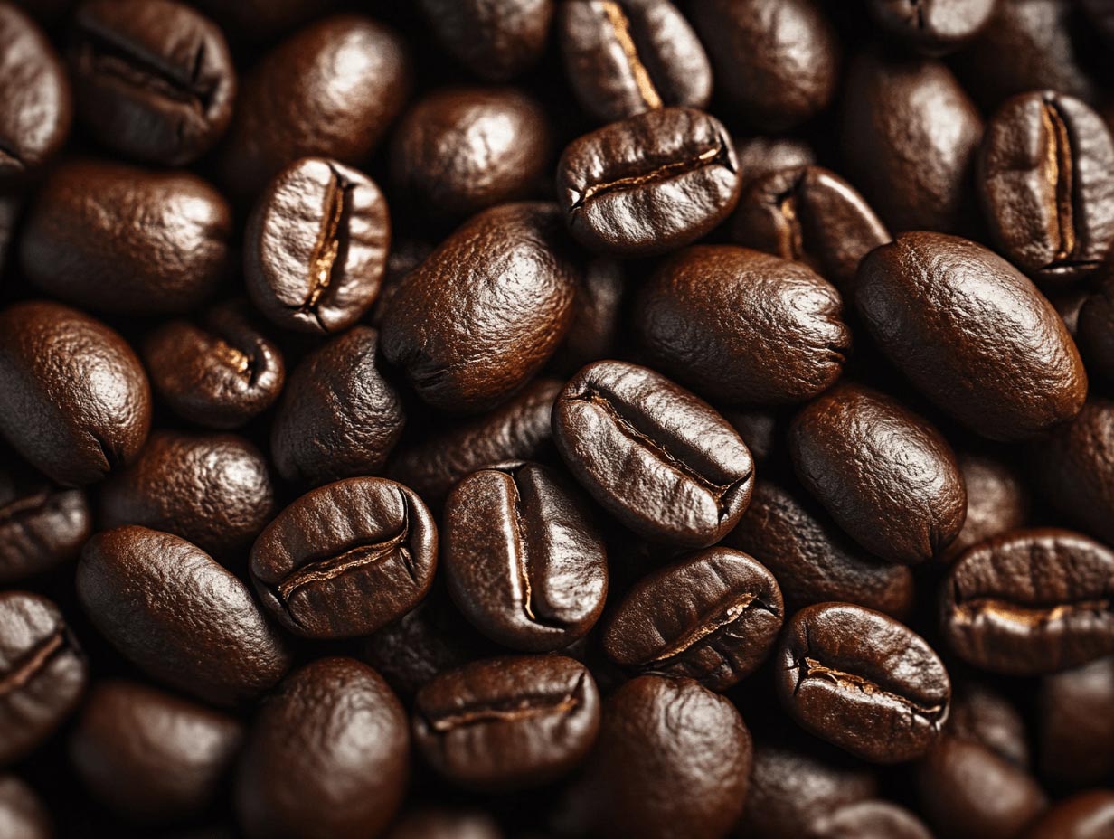 Shiny, dark roasted coffee beans clustered tightly together, highlighting their smooth textures and glossy surfaces in a close-up view, capturing a rich, warm ambiance.