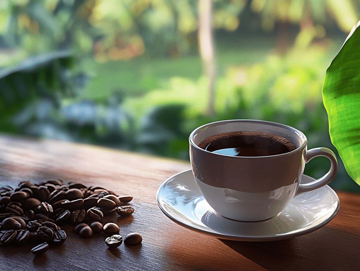 A cup of Honduran coffee next to a small pile of Honduran coffee beans