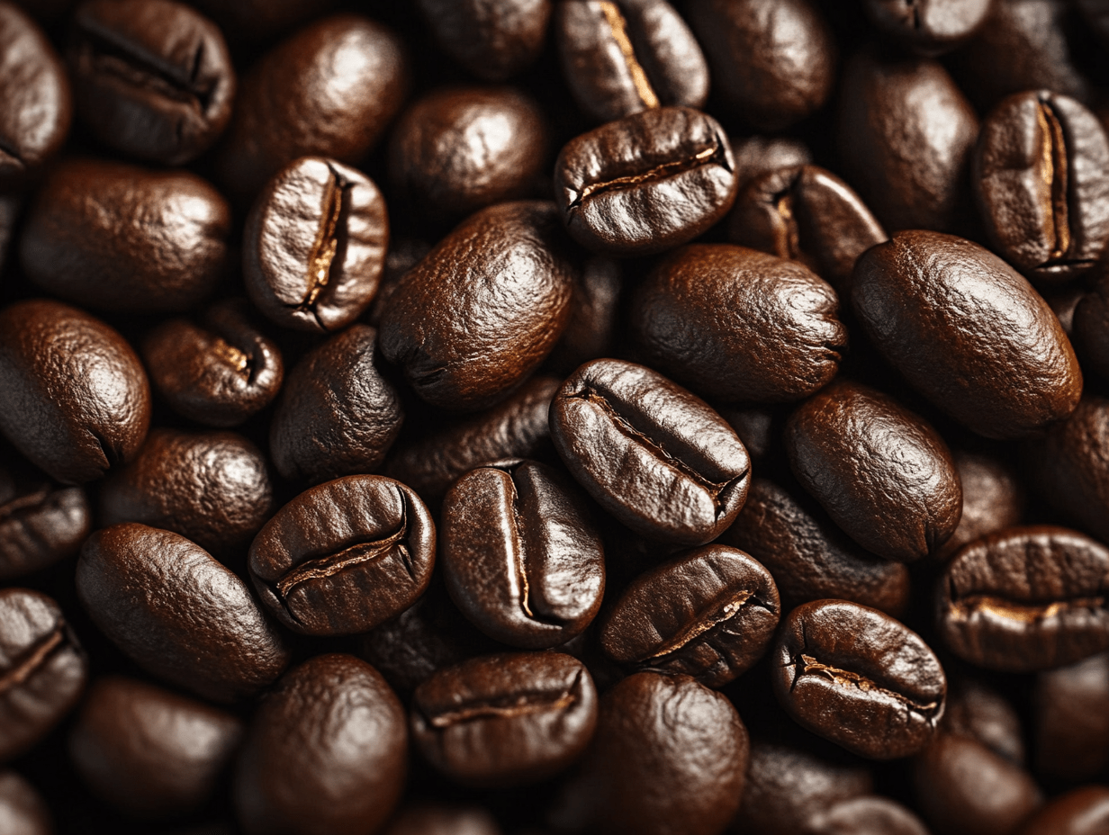Shiny, dark roasted coffee beans clustered tightly together, highlighting their smooth textures and glossy surfaces in a close-up view, capturing a rich, warm ambiance.