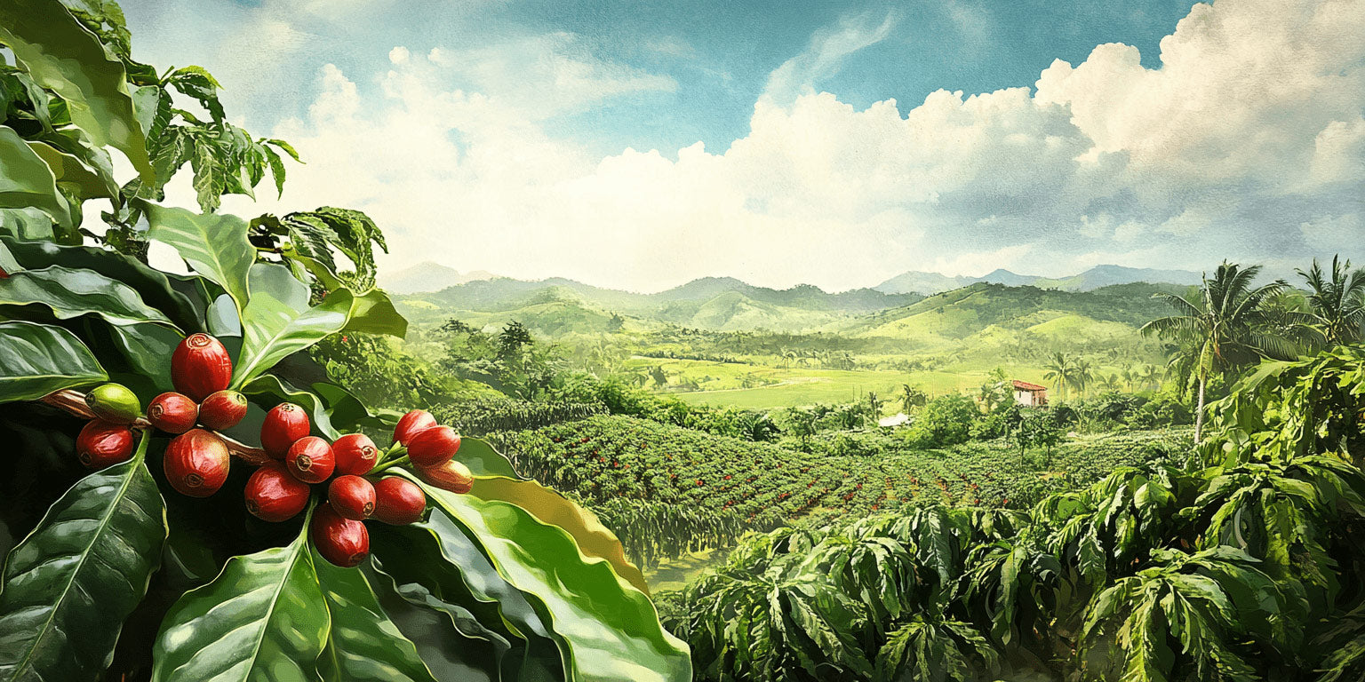 Red coffee cherries hang on a branch in the foreground, set against a lush, expansive landscape of rolling hills, green fields, and scattered trees under a bright, blue sky.