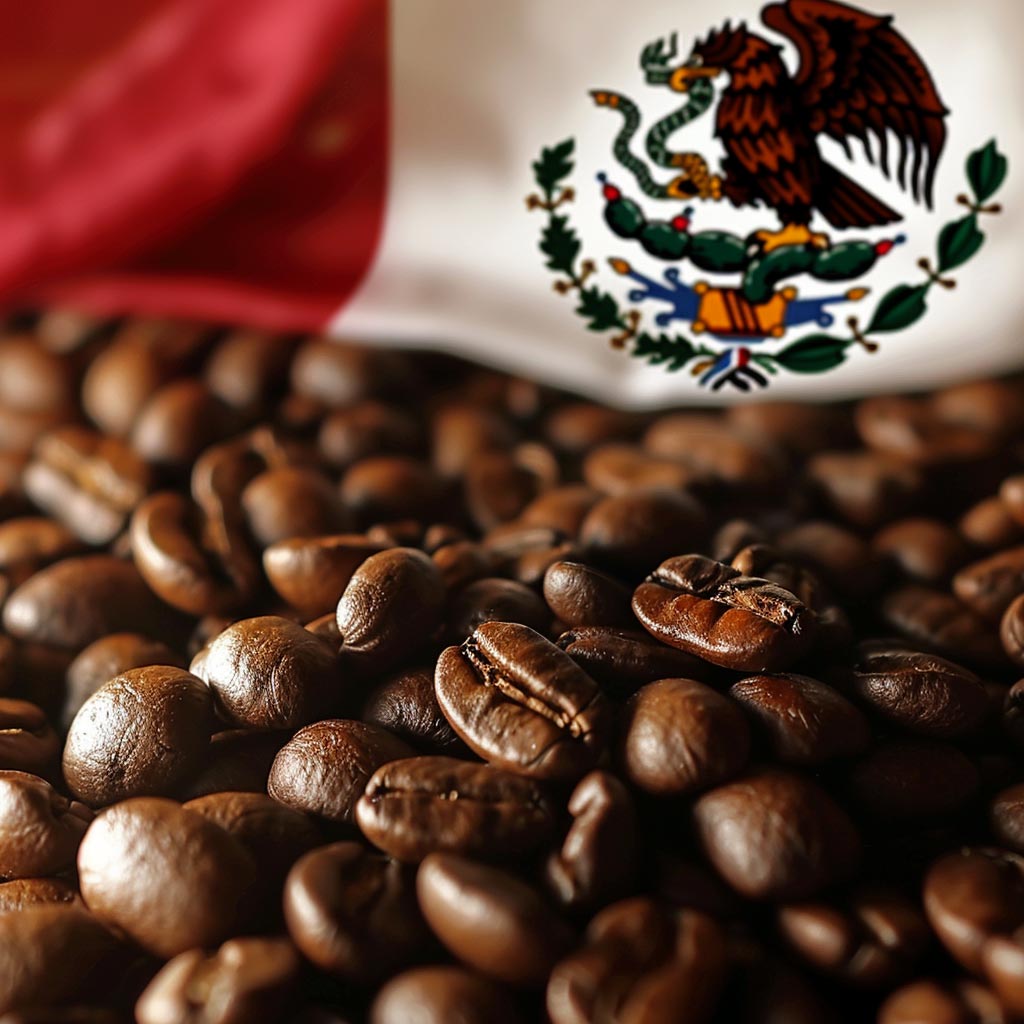 Coffee beans are scattered in the foreground, with a blurred Mexican flag displaying the national emblem in the background.