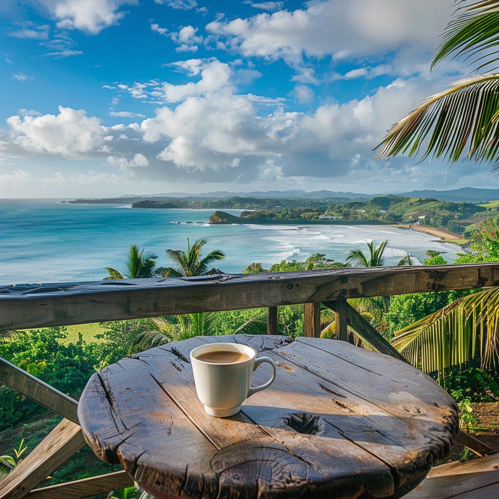 A cup of Puerto Rican coffee sitting on a table overlooking a beautiful Puerto Rican ocean view