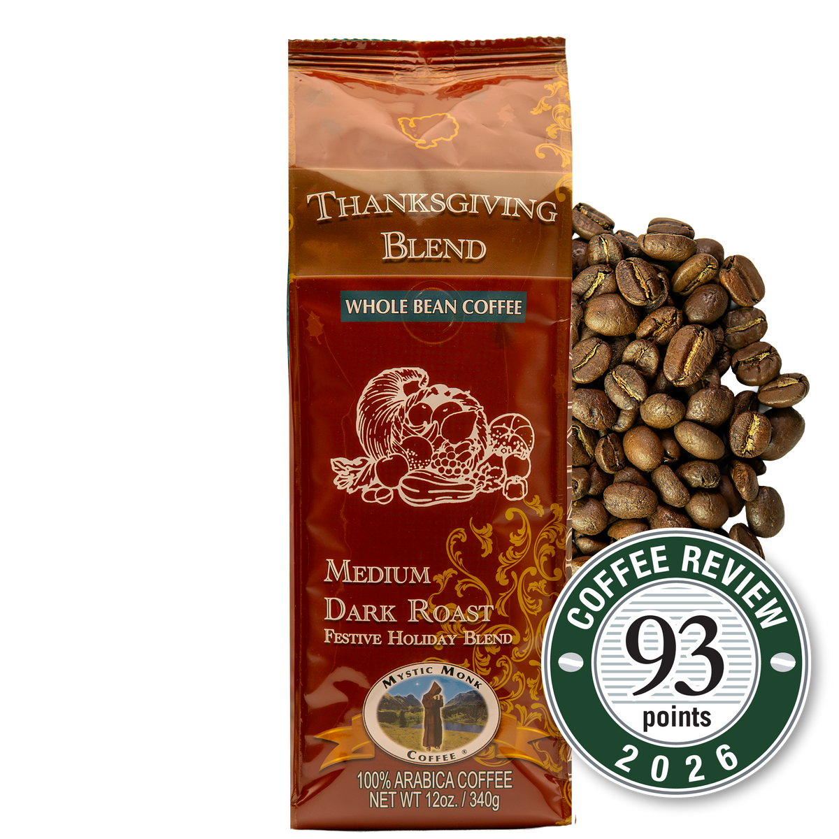 Thanksgiving Blend whole bean 12oz bag with the Coffee Review 93 points 2026 medallion