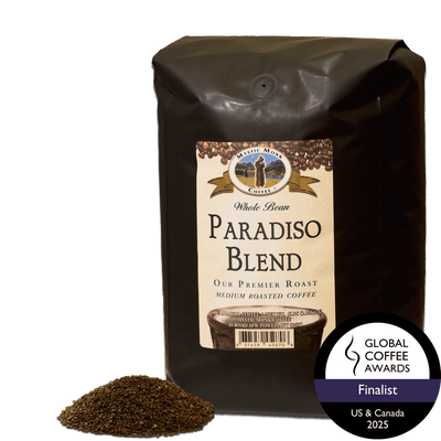 Mystic Monk Coffee bag labeled 'Paradiso Blend' with a Global Coffee Awards finalist badge on a black background