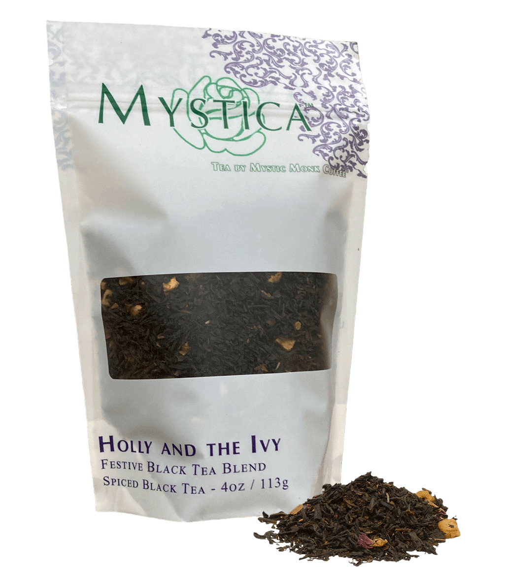 Tea package labeled 'Mystica' with 'Holly and the Ivy' tea blend on a white background