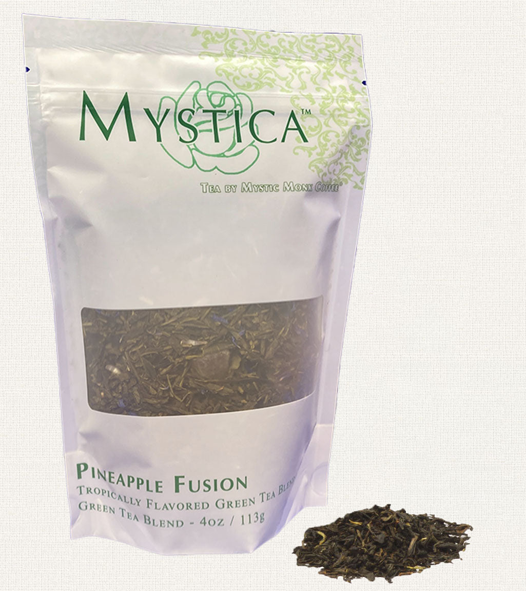 a 4oz white bag of blended green tea called Pineapple Fusion
