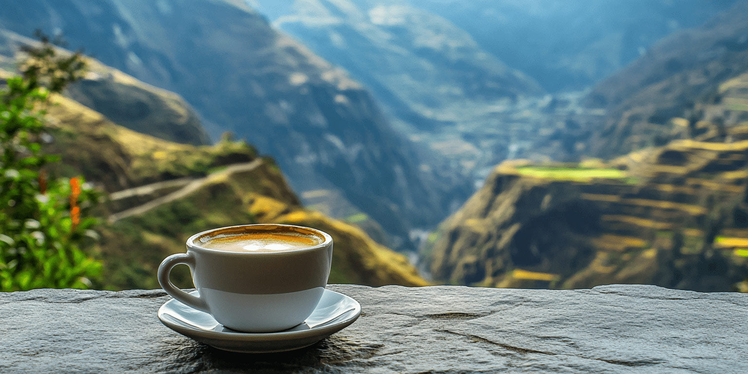  A cup of Peruvian coffee overlooking a coffee growing valley in Peru