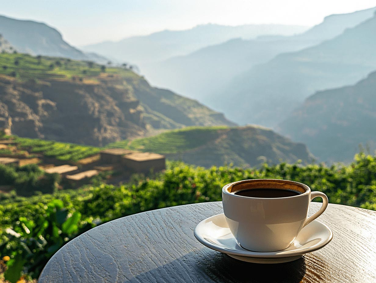 A white coffee cup sits on a wooden table, overlooking verdant terraced hills and misty mountains in the background, suggesting a serene outdoor setting.