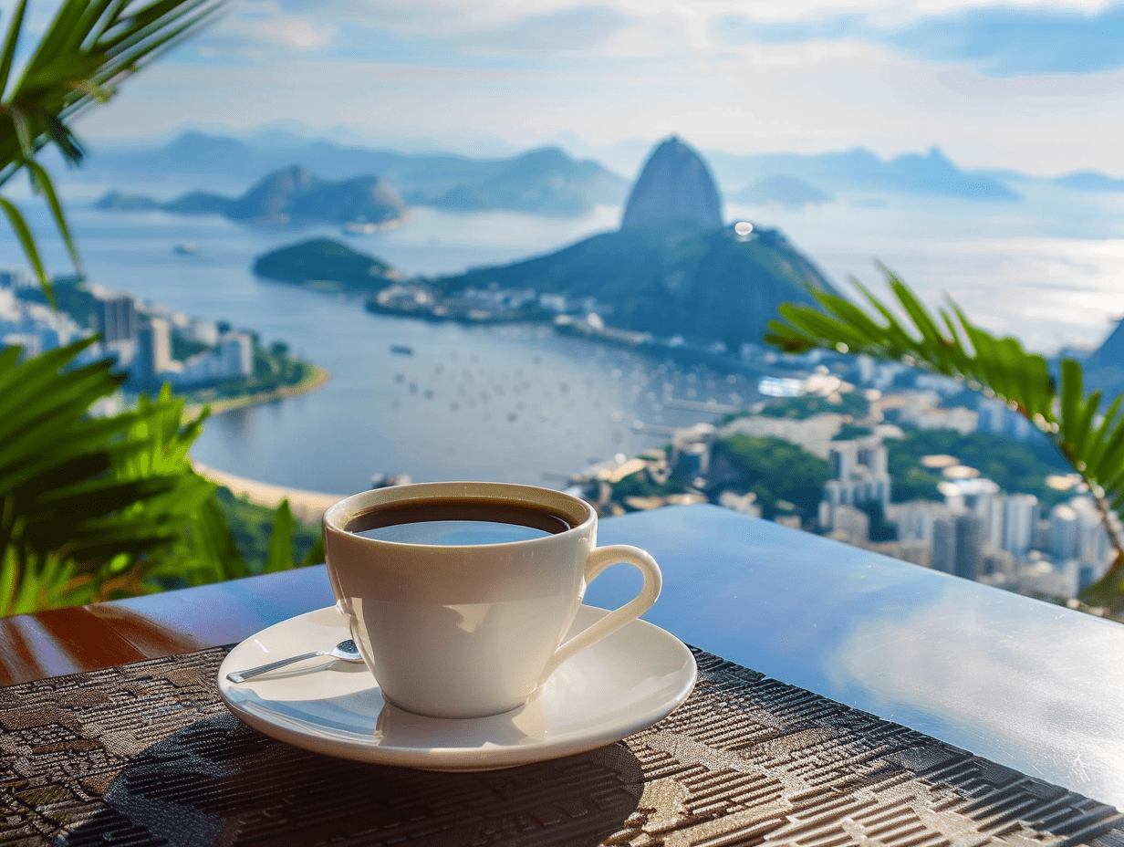 A cup of Brazilian coffee on a table overlooking Rio De Janeiro