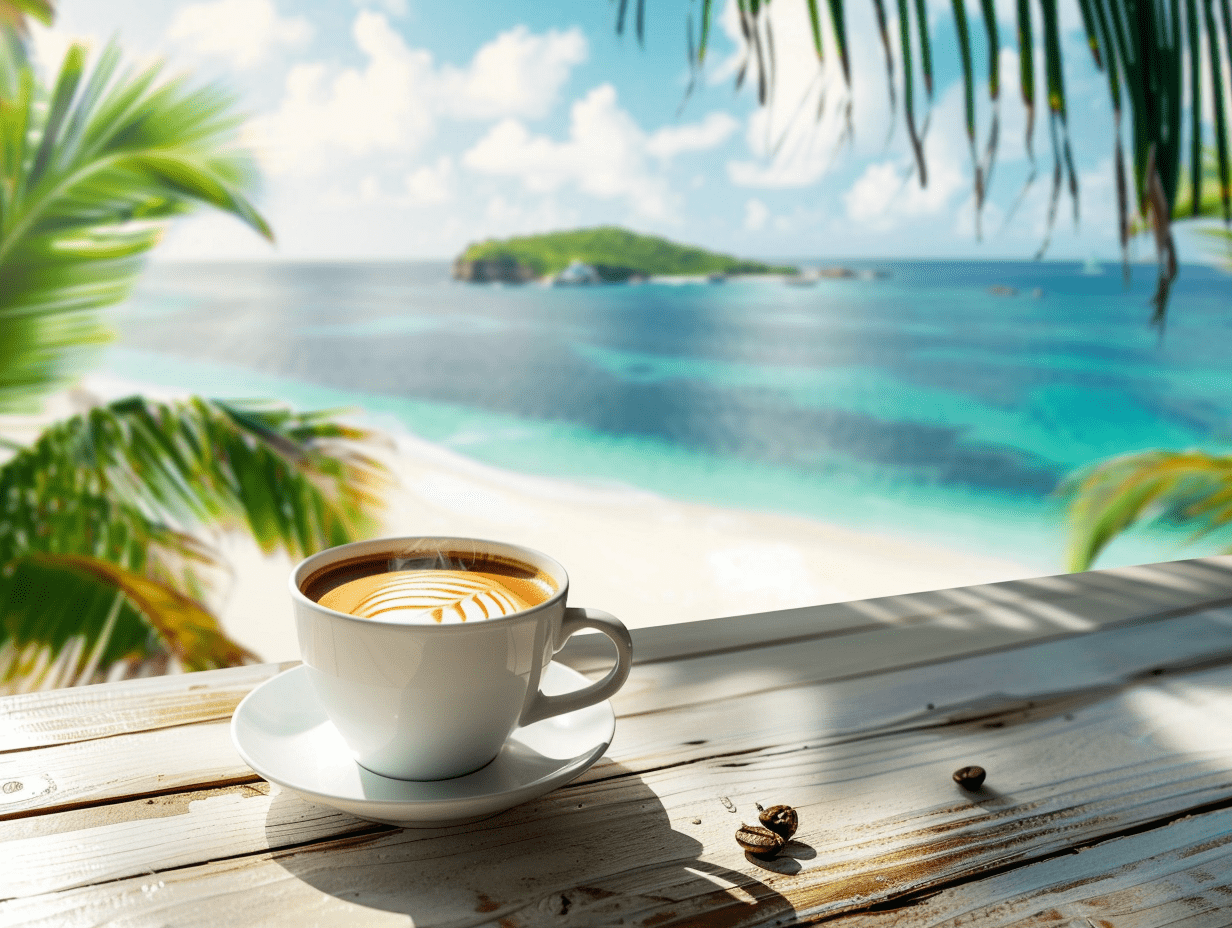 A cup of Caribbean coffee overlooking an exotic sandy island beach