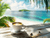 A cup of Caribbean coffee overlooking an exotic sandy island beach