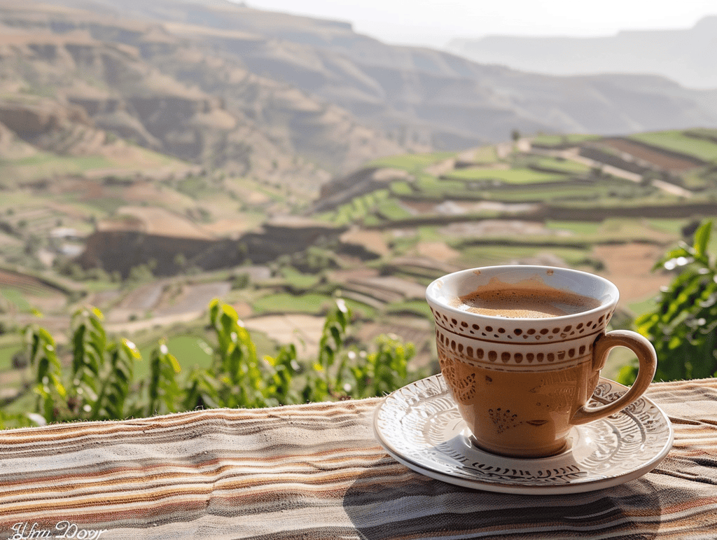 A Guatemalan Coffee Cup on a table overlooking a coffee farm