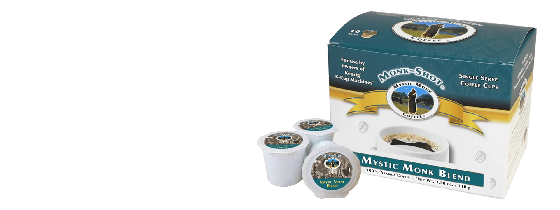A box of Mystic Monk Blend single-serve coffee pods is displayed alongside a few pods. Text includes: "Monk-Shot," "Single Serve Coffee Cups," "Mystic Monk Blend," "100% Arabica Coffee," "For use by owners of Keurig K-Cup Machines."