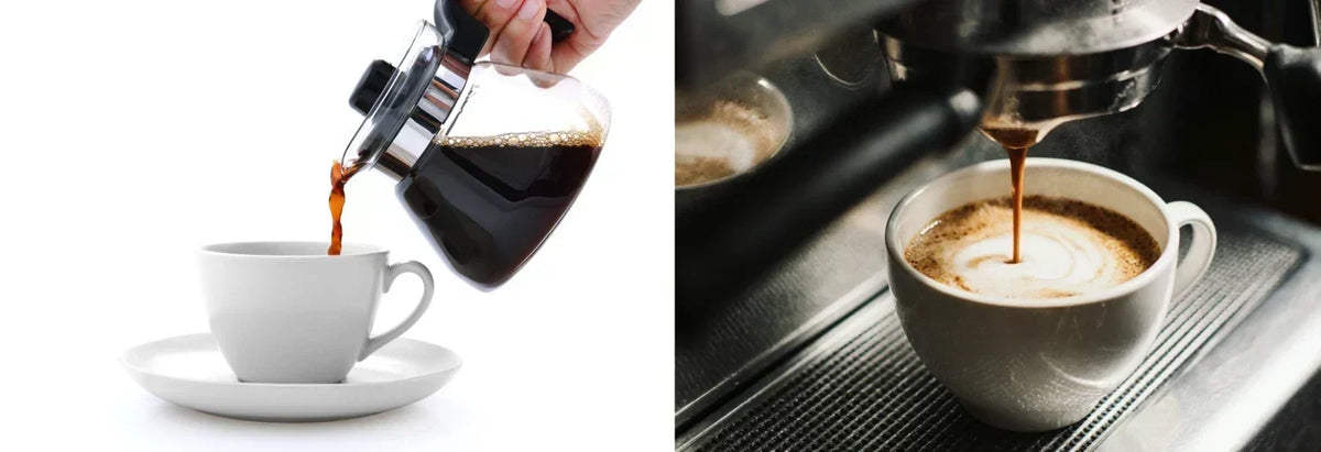 Closeup of someone's hand pouring coffee from a traditional coffee pot into a white mug against a white backdrop & Modern espresso machine brewing creamy espresso into a small white cup