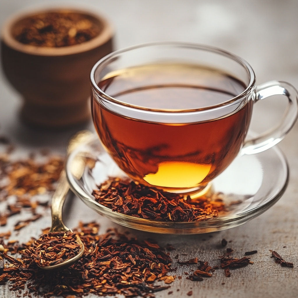 A clear glass cup filled with amber tea rests on a saucer surrounded by loose, reddish-brown tea leaves and a spoon, set on a textured gray surface.