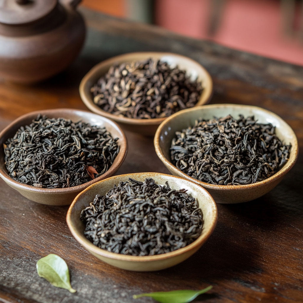 Four ceramic bowls rest on a wooden table, each filled with different varieties of loose black tea leaves. A teapot is visible in the background, adding a warm, rustic atmosphere.