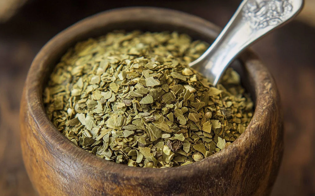 A wooden bowl filled with dried green leaves, accompanied by an ornate silver spoon, resting on a rustic wooden surface.