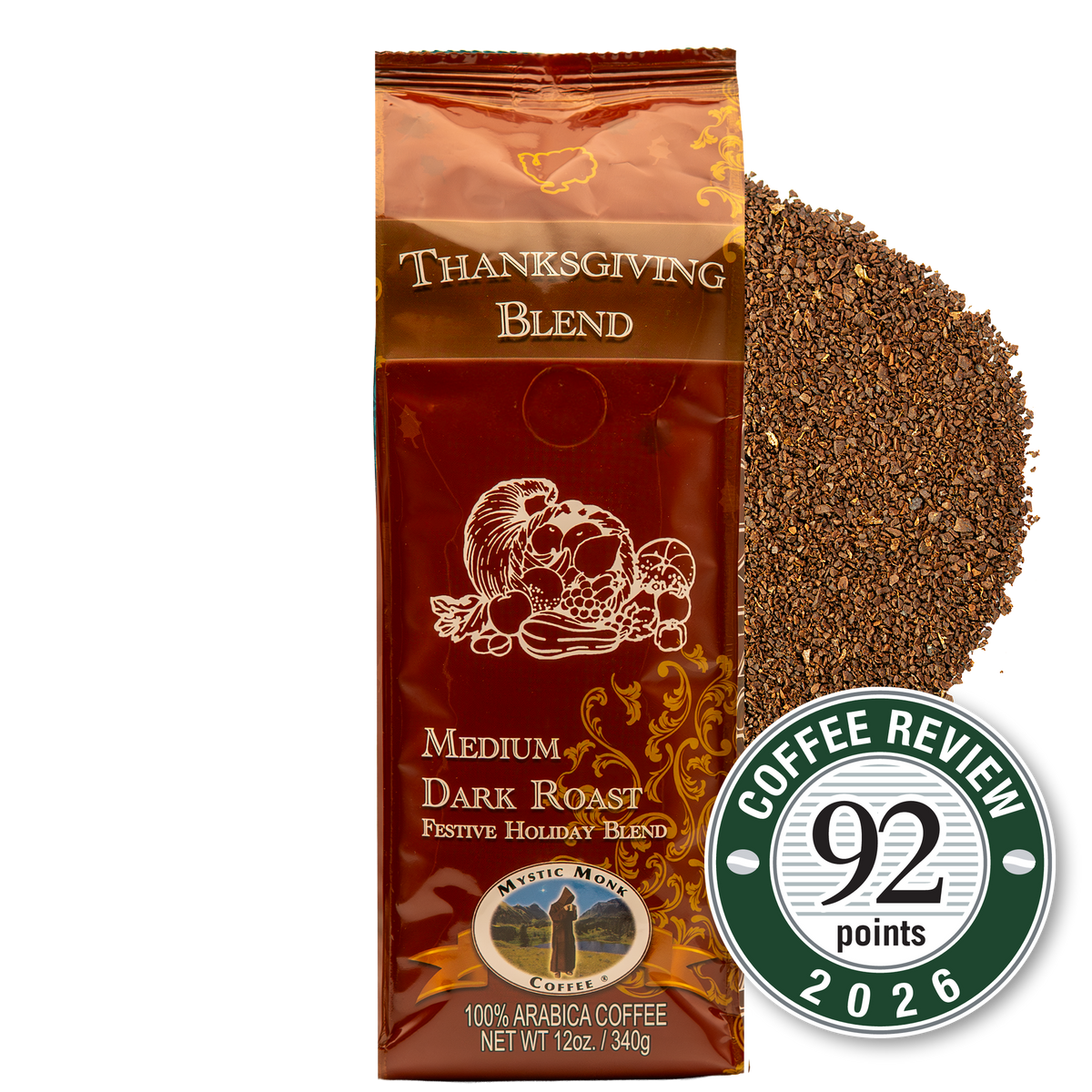 Thanksgiving Blend ground 12oz bag with the Coffee Review 92 points 2026 medallion