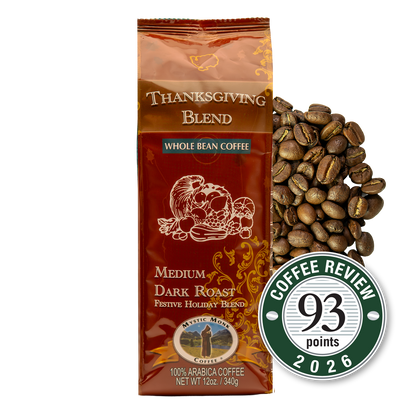 Thanksgiving Blend whole bean 12oz bag with the Coffee Review 93 points 2026 medallion