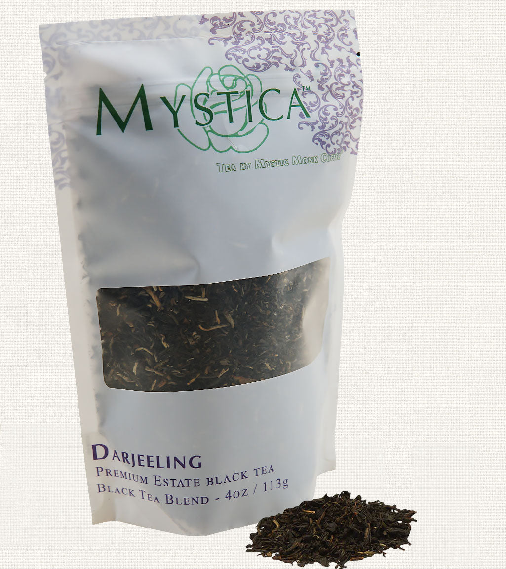a white bag of Darjeeling tea by Mystic Monk Coffee, size is 4 ounces / 113 grams