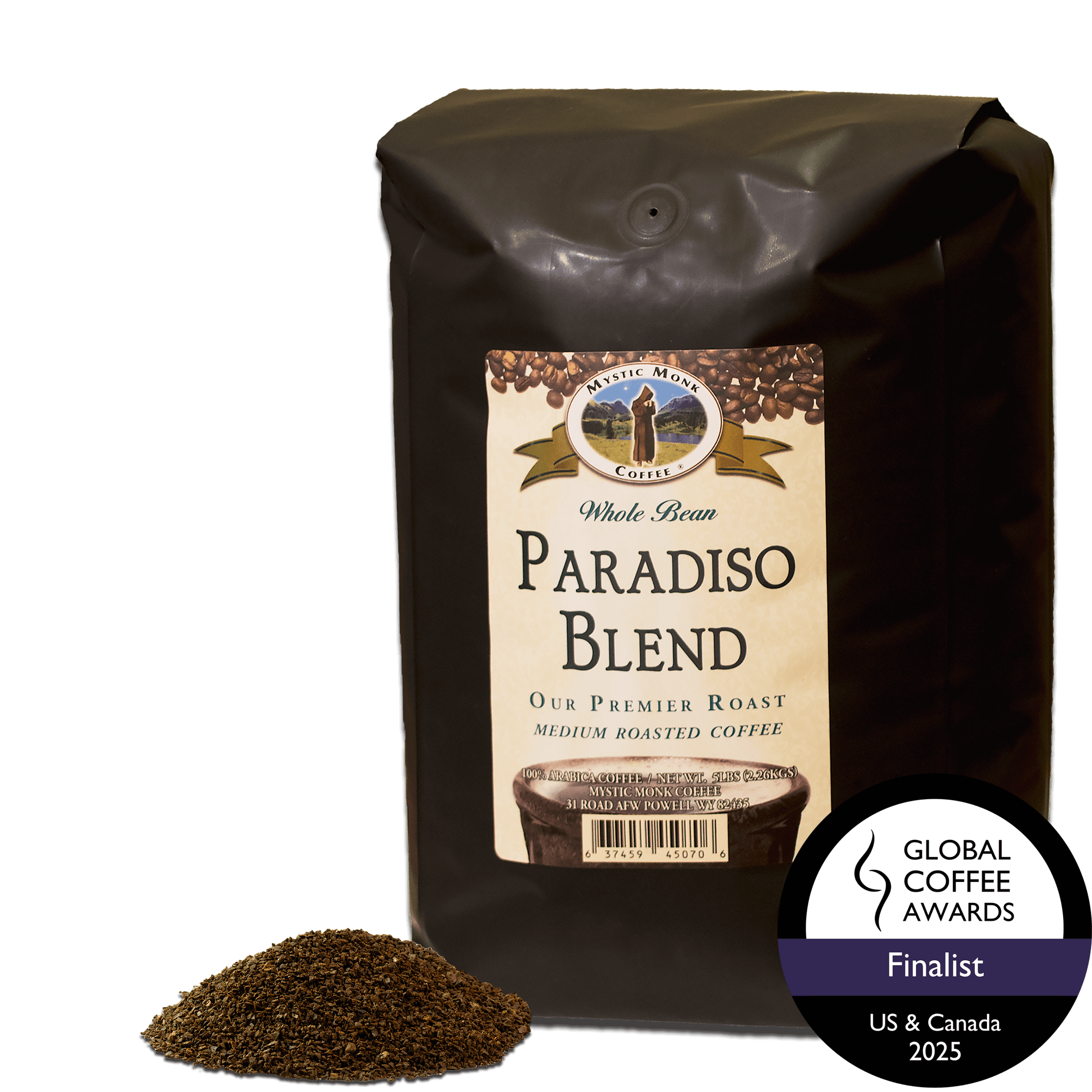 Mystic Monk Coffee bag labeled 'Paradiso Blend' with a Global Coffee Awards finalist badge on a black background