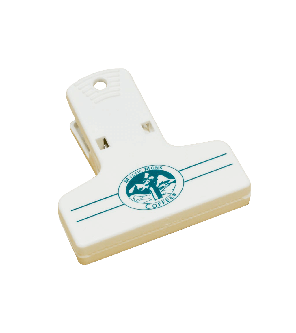 Mystic Monk Bag Clip in white plastic with teal logo