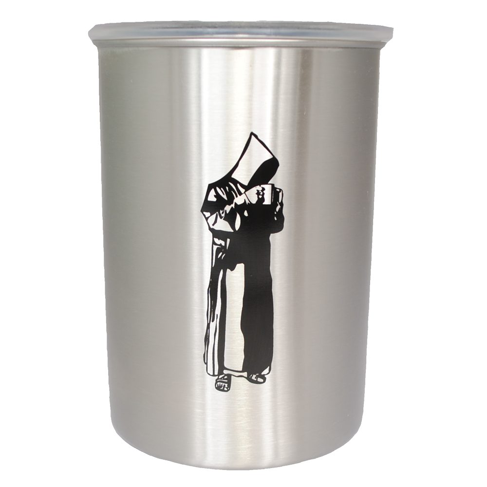 A stainless steel container features an illustration of a hooded monk reading a book, with the monk depicted in black outlines. The environment is plain and without additional context.